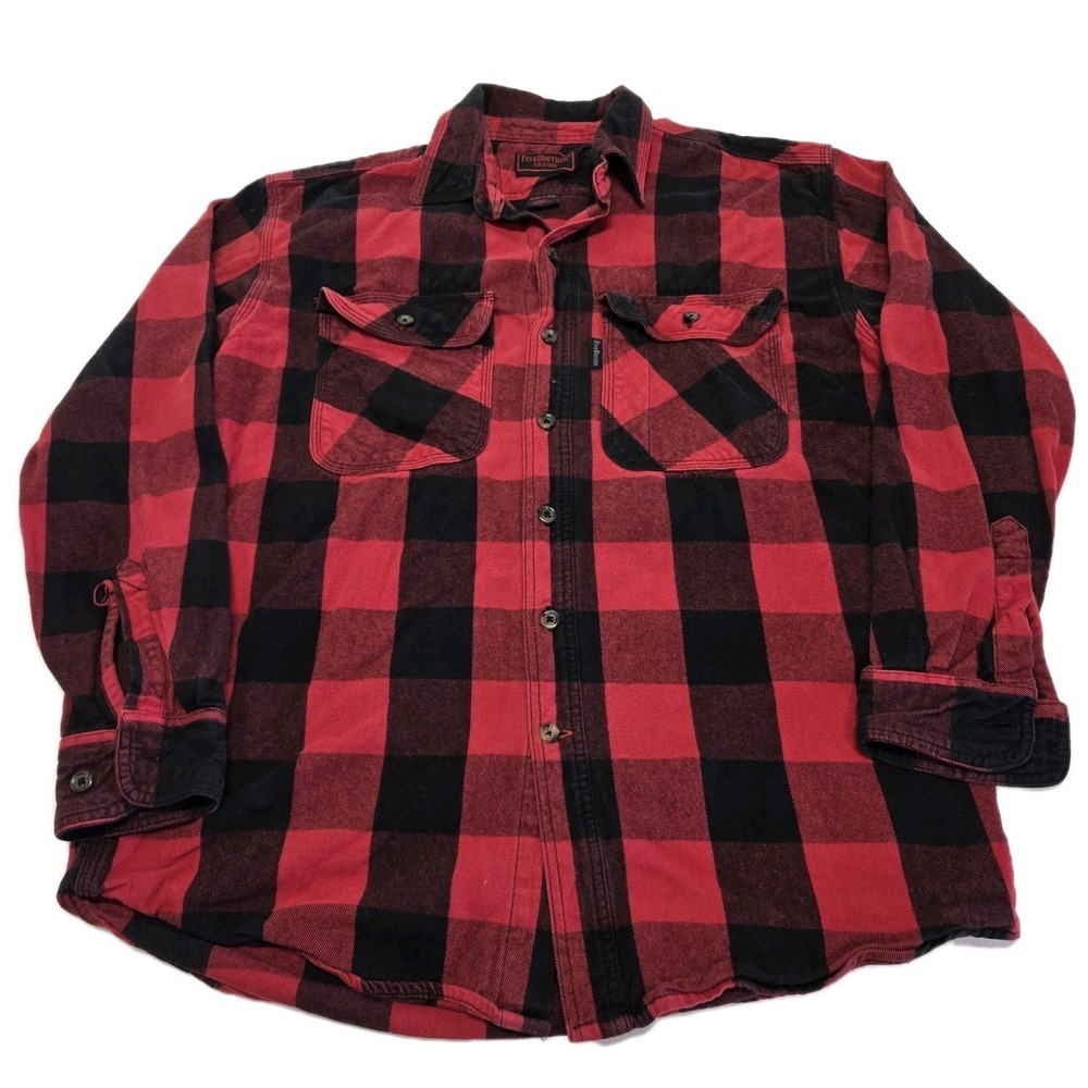 Five Brothers Flannel Shirt Mens Large Button Up Red Plaid Buffalo Heavy Work